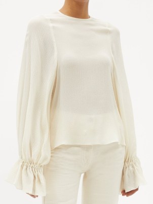 RAEY Gathered-sleeve silk blouse in ivory ~ feminine long sleeved blouses - flipped