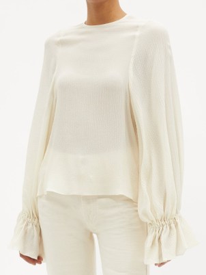 RAEY Gathered-sleeve silk blouse in ivory ~ feminine long sleeved blouses