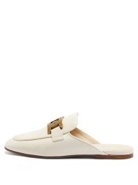 TOD’S Kate white chain-embellished leather backless loafers | women’s chic flat loafer mules