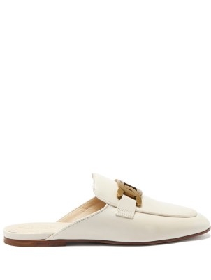 TOD’S Kate white chain-embellished leather backless loafers | women’s chic flat loafer mules - flipped