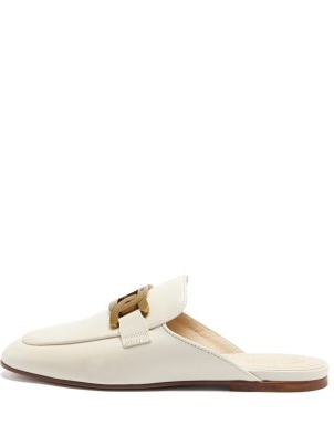 TOD’S Kate white chain-embellished leather backless loafers | women’s chic flat loafer mules