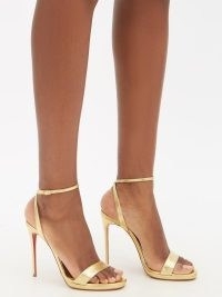 CHRISTIAN LOUBOUTIN Loubi Queen 120 gold metallic-leather sandals ~ evening luxe ~ glamorous barely there high stiletto heels