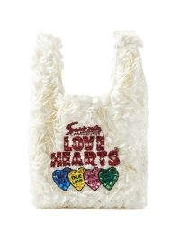 ANYA HINDMARCH Love Hearts sequinned satin tote bag / small luxe sequin covered bags / slogan handbags