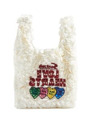 ANYA HINDMARCH Love Hearts sequinned satin tote bag / small luxe sequin covered bags / slogan handbags - flipped