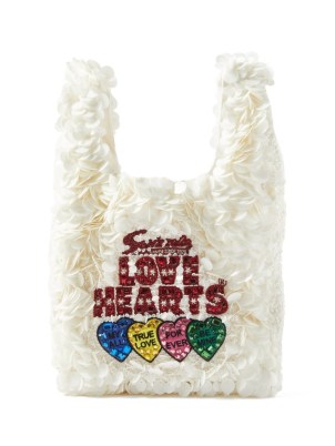 ANYA HINDMARCH Love Hearts sequinned satin tote bag / small luxe sequin covered bags / slogan handbags