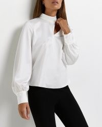 WHITE SATIN CUT OUT BLOUSE – high neck volume sleeved cutout blouses