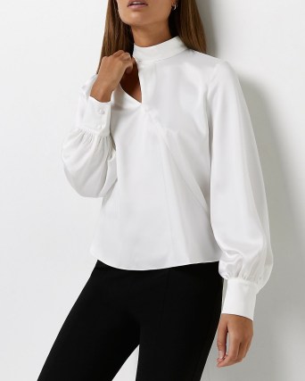 WHITE SATIN CUT OUT BLOUSE – high neck volume sleeved cutout blouses - flipped