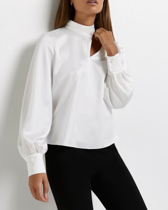 WHITE SATIN CUT OUT BLOUSE – high neck volume sleeved cutout blouses
