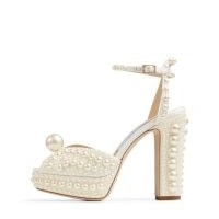 JIMMY CHOO SACARIA White Satin Platform Sandals with All-Over Pearl Embellishment | embellished platforms | beauiful chunky bridal shoes | glamorous weddding day high heels