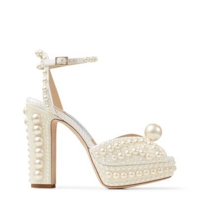 JIMMY CHOO SACARIA White Satin Platform Sandals with All-Over Pearl Embellishment | embellished platforms | beauiful chunky bridal shoes | glamorous weddding day high heels - flipped