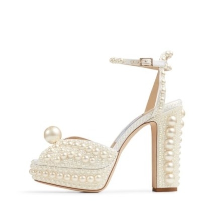 JIMMY CHOO SACARIA White Satin Platform Sandals with All-Over Pearl Embellishment | embellished platforms | beauiful chunky bridal shoes | glamorous weddding day high heels