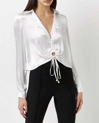 River Island WHITE SATIN TIE FRONT BLOUSE – cut out ring detail blouses - flipped