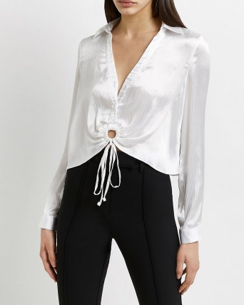 River Island WHITE SATIN TIE FRONT BLOUSE – cut out ring detail blouses