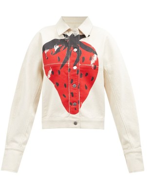 JW ANDERSON Strawberry-print denim jacket ~ women’s white fruit printed jackets ~ strawberries on fashion - flipped