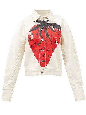 JW ANDERSON Strawberry-print denim jacket ~ women’s white fruit printed jackets ~ strawberries on fashion