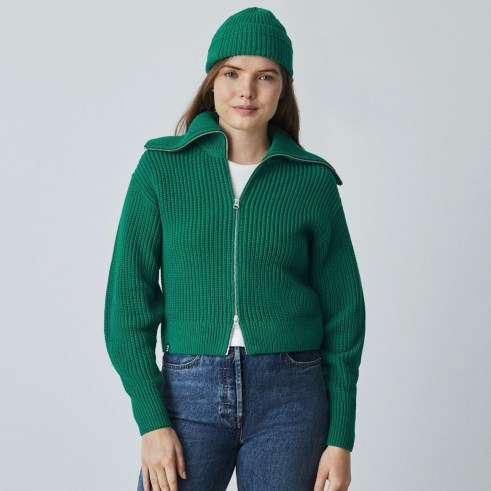 EVERLANE The Chunky Cardigan Ultramarine Green ~ womens front zip up oversized collar cardigans ~ women’s retro style knitwear - flipped