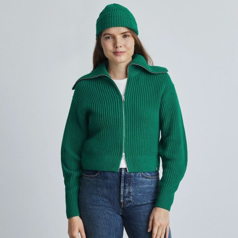 EVERLANE The Chunky Cardigan Ultramarine Green ~ womens front zip up oversized collar cardigans ~ women’s retro style knitwear