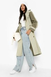 boohoo Contrast Panel Belted Trench Coat Sage ~ womens tonal green coats