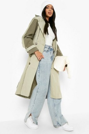 boohoo Contrast Panel Belted Trench Coat Sage ~ womens tonal green coats - flipped