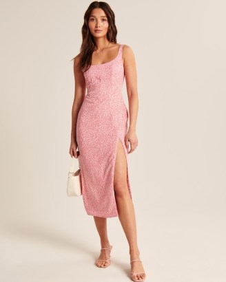 Abercrombie & Fitch Corset Seamed Midi Dress / pink ditsy floral print split hem dresses