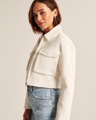 Abercrombie & Fitch Cropped Tweed Shirt Jacket – women’s chic textured crop hem jacket