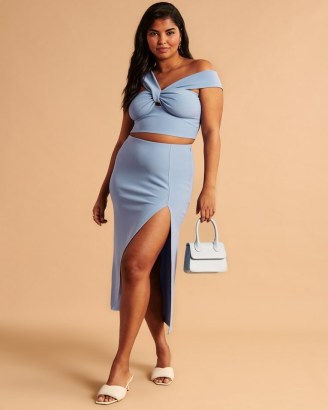 Abercrombie & Fitch Elevated Midi Skirt | light blue thigh high split hem skirts | women’s regular and plus size on-trend fashion