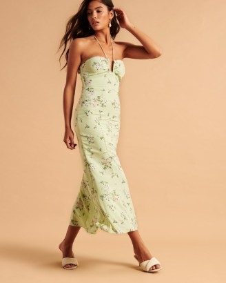 Abercrombie & Fitch Halter Maxi Dress Light Green Floral – skinny strap halterneck dresses – feminine floaty hem evening fashion - flipped