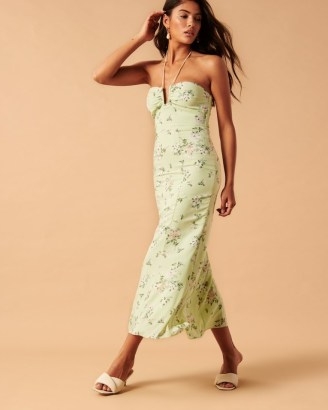 Abercrombie & Fitch Halter Maxi Dress Light Green Floral – skinny strap halterneck dresses – feminine floaty hem evening fashion