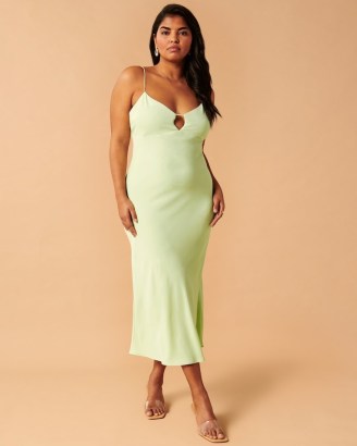 Abercrombie & Fitch Keyhole Slip Midi Dress Light Green – cut out cami dresses – skinny shoulder strap fashion – on trend cutout detail clothing - flipped