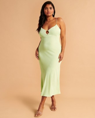 Abercrombie & Fitch Keyhole Slip Midi Dress Light Green – cut out cami dresses – skinny shoulder strap fashion – on trend cutout detail clothing