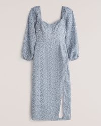 Abercrombie & Fitch Long-Sleeve Draped Skirt Midi Dress / blue ditsy floral sweetheart neckline dresses / slit hem