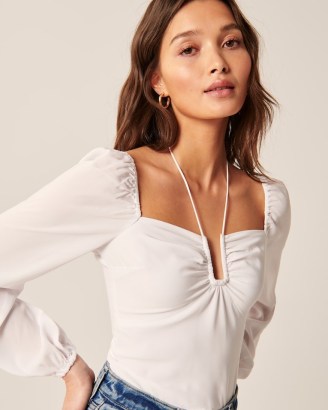 Abercrombie & Fitch Long-Sleeve Faux Silk Cinched Top – feminine ruched blouse / gathered detail tops - flipped