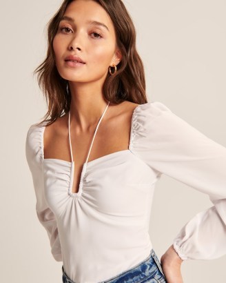 Abercrombie & Fitch Long-Sleeve Faux Silk Cinched Top – feminine ruched blouse / gathered detail tops