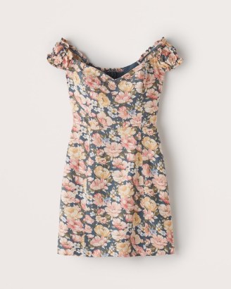 Abercrombie & Fitch Off-The-Shoulder Corset Mini Dress in Blue Floral / bardot dresses - flipped