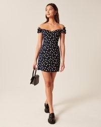 Abercrombie & Fitch Off-The-Shoulder Corset Mini Dress in Navy Blue Dot / spot print bardot dresses