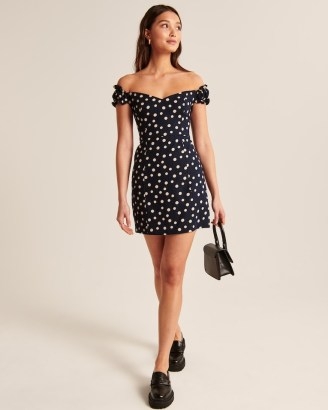 Abercrombie & Fitch Off-The-Shoulder Corset Mini Dress in Navy Blue Dot / spot print bardot dresses - flipped