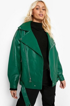 boohoo Oversized Belted Biker Jacket Bright Green ~ women’s casual on trend jackets - flipped