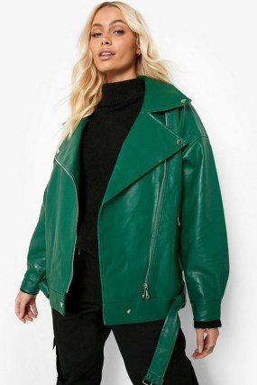 boohoo Oversized Belted Biker Jacket Bright Green ~ women’s casual on trend jackets