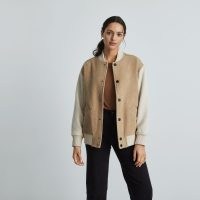 EVERLANE The ReWool Varsity Bomber Light Camel / Cream ~ women’s on-trend casual jackets ~ American inspired fashion