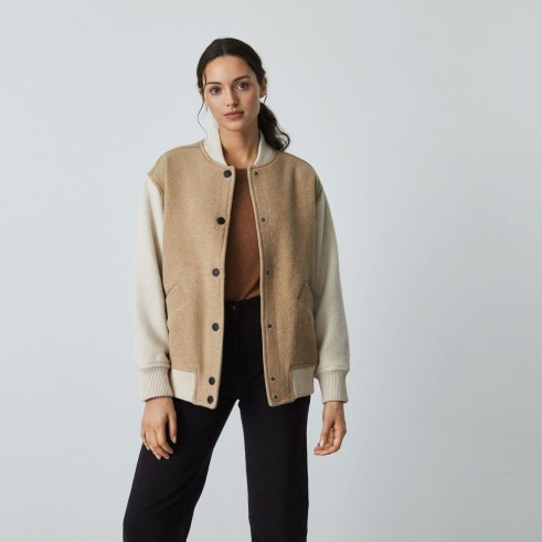 EVERLANE The ReWool Varsity Bomber Light Camel / Cream ~ women’s on-trend casual jackets ~ American inspired fashion - flipped