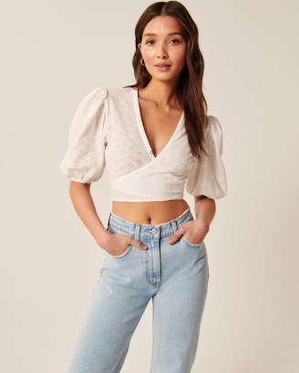Abercrombie & Fitch Wrap-Front Eyelet Puff Sleeve Top / white short sleeved crop tops / cropped hem blouses - flipped