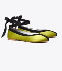 Tory Burch WRAP BALLET Lime / Perfect Black ~ satin ankle tie ballerinas ~ bright flat pumps