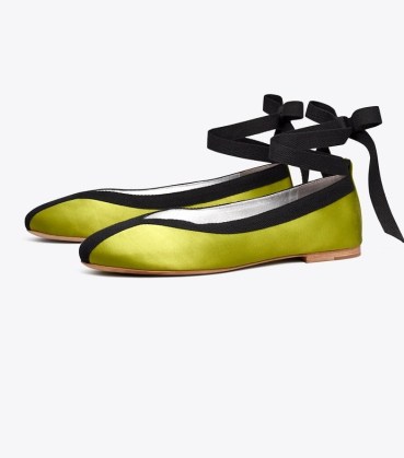 Tory Burch WRAP BALLET Lime / Perfect Black ~ satin ankle tie ballerinas ~ bright flat pumps - flipped