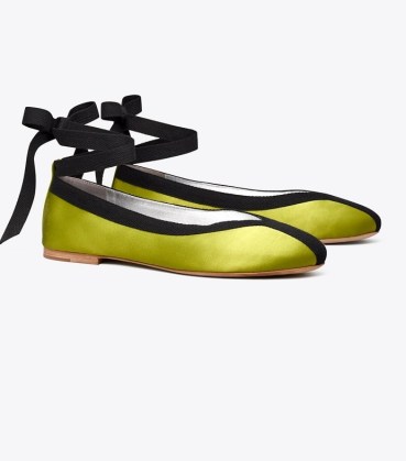Tory Burch WRAP BALLET Lime / Perfect Black ~ satin ankle tie ballerinas ~ bright flat pumps