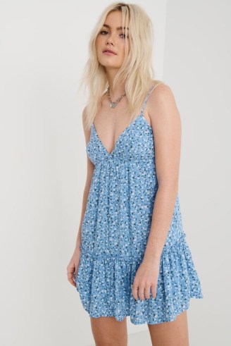 Garage Clothing Floral Hayden Tiered Babydoll Dress | skinny shoulder strap plunge front mini dresses