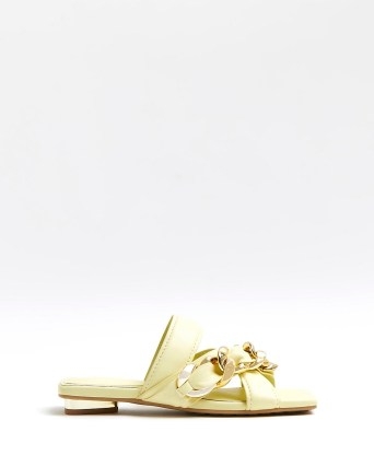 River Island YELLOW CHAIN DETAIL SANDALS | luxe style spring flats | embellished slip on summer shoes - flipped