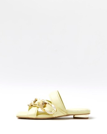 River Island YELLOW CHAIN DETAIL SANDALS | luxe style spring flats | embellished slip on summer shoes