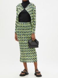 PLEATS PLEASE ISSEY MIYAKE Geometric-print technical-pleated midi skirt | yellow, blue and green geo print skirts
