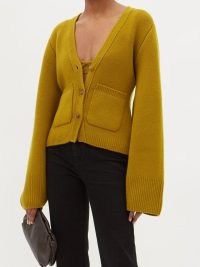 KHAITE Scarlet cashmere balloon sleeved cardigan ~ womens ochre-yellow wide sleeved cardigans ~ chic knitwear