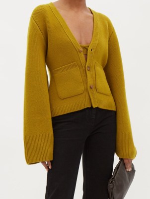KHAITE Scarlet cashmere balloon sleeved cardigan ~ womens ochre-yellow wide sleeved cardigans ~ chic knitwear - flipped